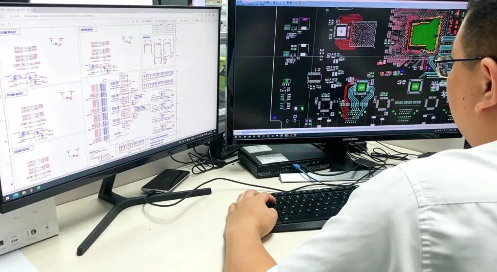 Engineer reviewing custom PCBA design and PCB layout for electronic product development