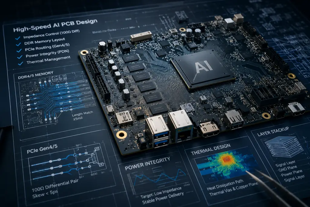 High-speed AI PCBA design with DDR memory layout, PCIe routing, power integrity, thermal management, and layer stack-up planning.